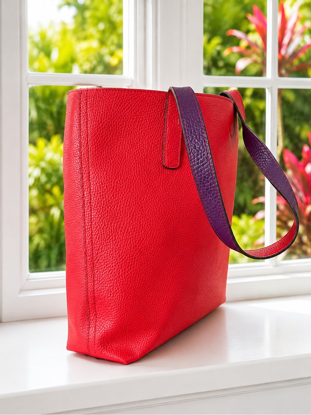 Red Leather Tote with Purple Shoulder Strap - Women Bags